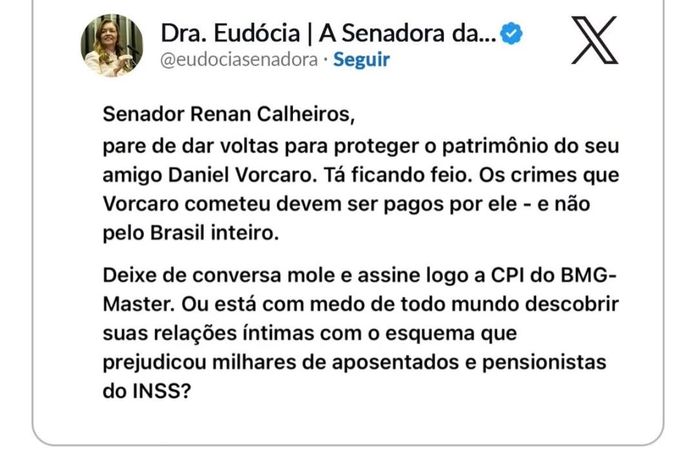 Eudócia Caldas cobra Renan Calheiros e pede assinatura em CPI sobre o BMG-Master