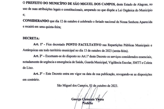 São Miguel dos Campos terá ponto facultativo nas repartições públicas na próxima sexta-feira (13)