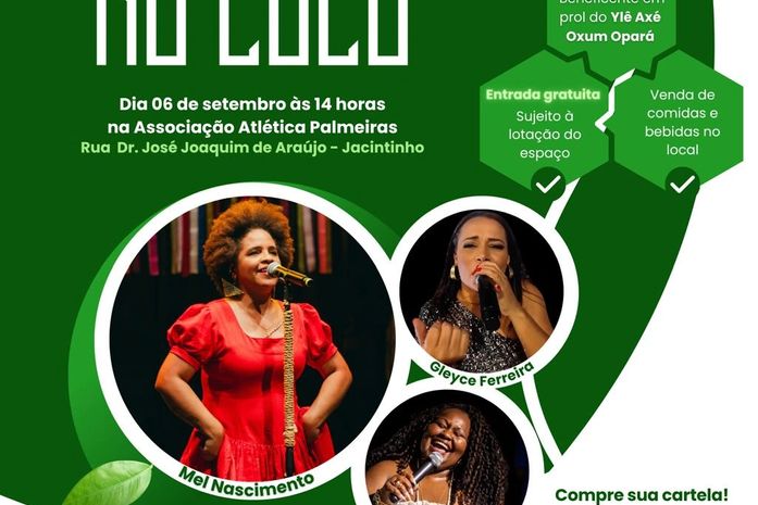 Jacintinho recebe a artista Mel Nascimento e o projeto "Tem Samba no Coco" com atrações musicais e Bingo Beneficente no dia 06 de setembro