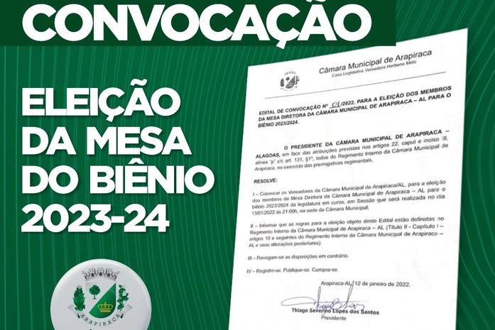 Câmara de Arapiraca convoca vereadores para eleição da Mesa do biênio 2023-24