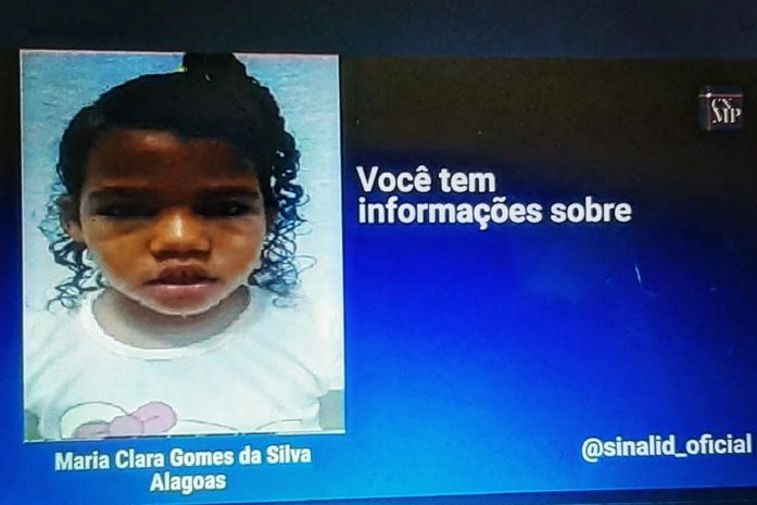 A foto da menina, Maria Clara, desaparecida, em Alagoas será exibida, no telão do Maracanã, jogo do Flamengo. Onde está Maria?