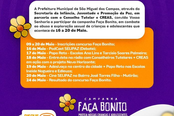 São Miguel dos Campos lança a programação para a Semana de Combate ao Abuso e Exploração Sexual de Crianças e Adolescentes