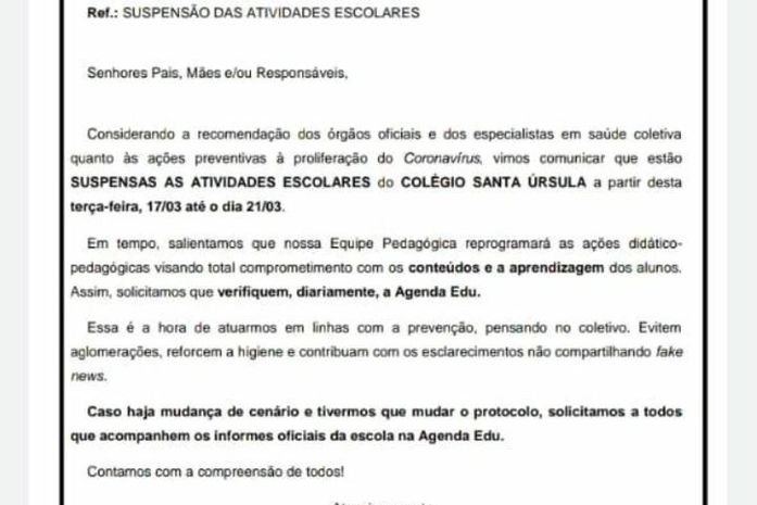 Coronavírus: escolas particulares suspendem aulas durante uma semana em Maceió