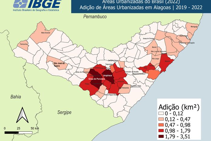 Agreste concentra 64% da expansão de áreas urbanizadas em AL entre 2019 e 2022, aponta IBGE