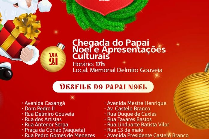Chegada do Papai Noel e apresentações culturais agitam quarta-feira em Delmiro Gouveia