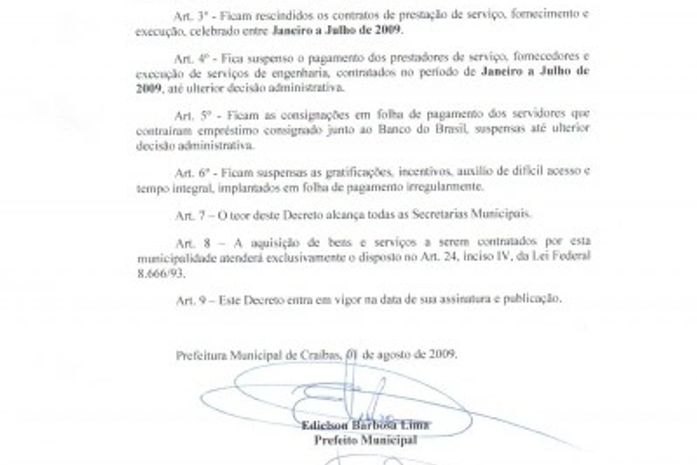 Prefeito decreta Inviabilidade e suspende pagamentos