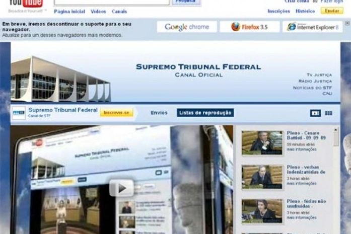 Página do Supremo Tribunal Federal no YouTube; o STF assinou ontem acordo com o Google