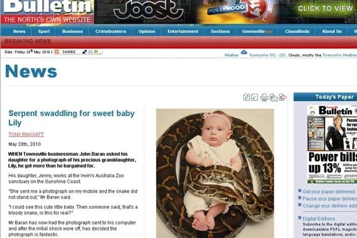 Mãe cria polêmica ao tirar foto de cobra de 4 metros enrolada em bebê