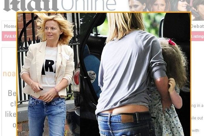 Ops!! Com calça larga, ex-Spice Geri Halliwell deixa cofrinho à mostra