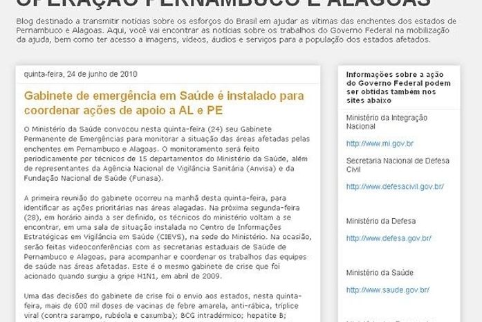 Goberno lança blog para divulgar ajuda as vítimas de PE e AL