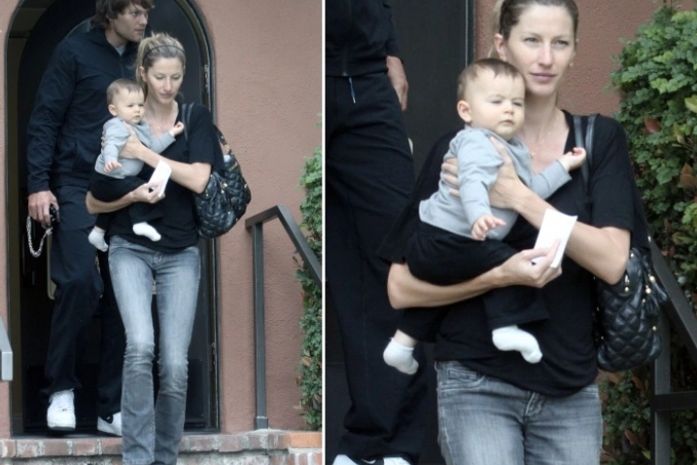 Gisele Bündchen é fotografada com o filho ao deixar médico