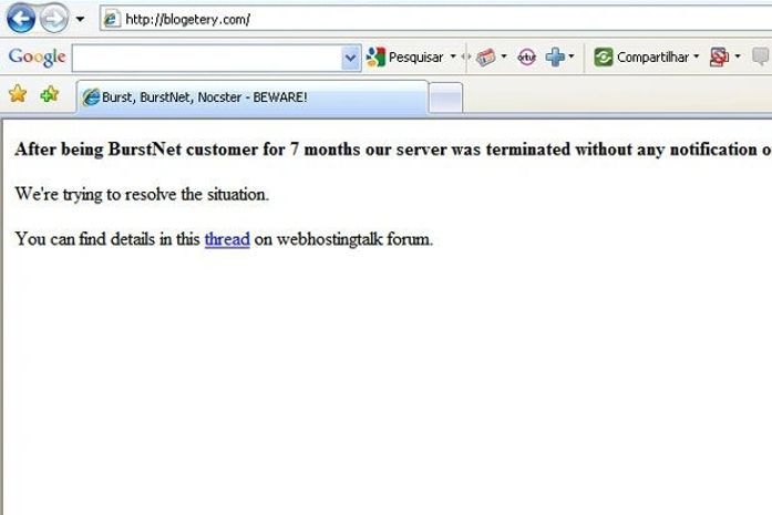 A mensagem na capa do site da Blogetery informa que a plataforma foi fechada sem prévio aviso