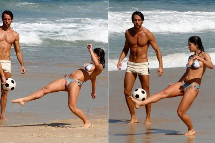 Priscila Fantin bate um bolão com "amigo" em praia do Rio