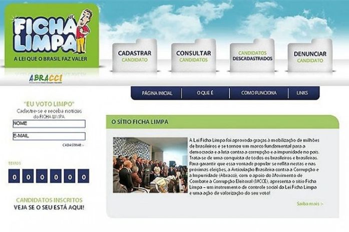 Portal 'Ficha Limpa', com prestações de contas de candidatos, já está no ar