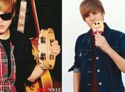 Justin faz charme com óculos escuros e devora um sorvente no formado do personagem Bob Esponja