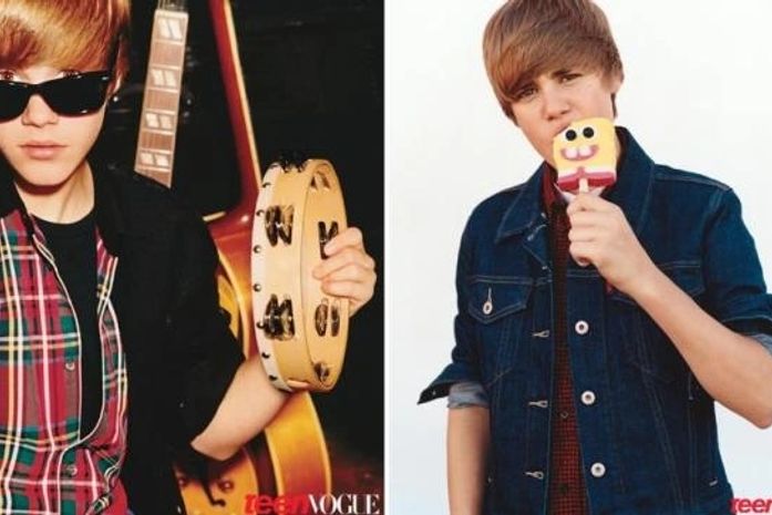 Justin faz charme com óculos escuros e devora um sorvente no formado do personagem Bob Esponja