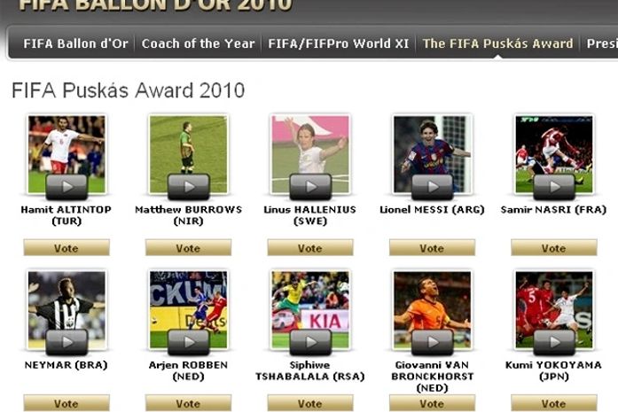 Neymar disputa com Messi e mais oito o prêmio de gol mais bonito de 2010