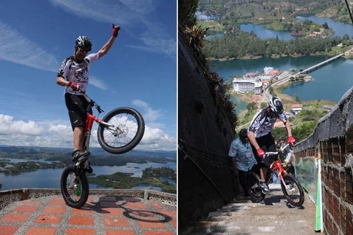 Por recorde, colombiano sobe 649 degraus de bicicleta em 43 minutos