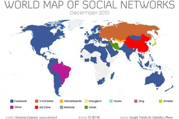 Mapa das redes sociais mostra domínio do Facebook pelo mundo