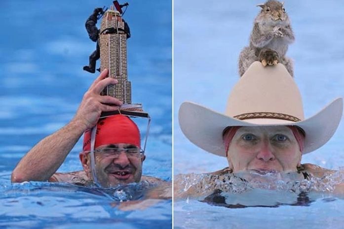 Com trajes e chapéus excêntricos, britânicos disputam prova de natação