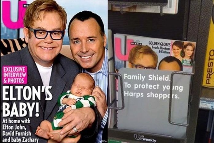 Revista com foto de Elton John e o marido é censurada nos Estados Unidos