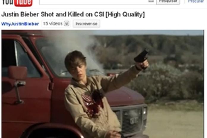 Cena da morte do personagem de Justin Bieber
em vídeo no YouTube