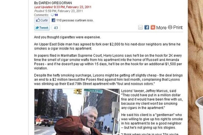 Fumante vai pagar US$ 2 mil a vizinhos toda vez que fumar em casa