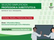 Ifal inicia inscrições para seletiva de professores substitutos dos campus Batalha e Palmeira dos Índios