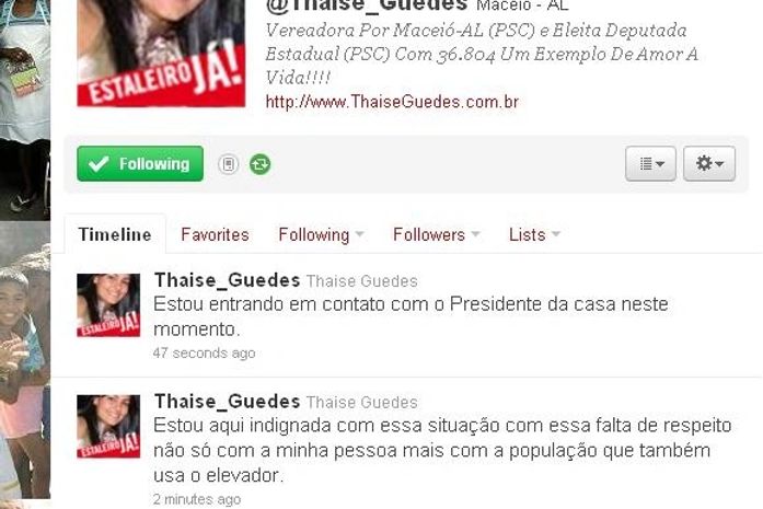 Deputada Thaise Guedes usa a rede social twitter para mostrar sua indignação.