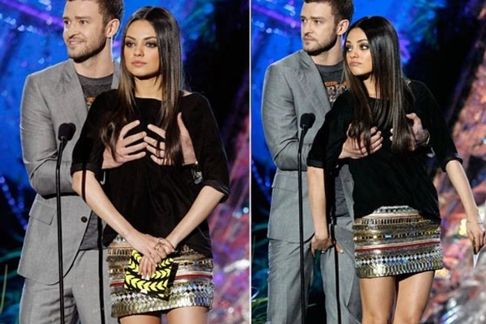 Mão boba de Justin Timberlake ataca Mila Kunis e ela retribui