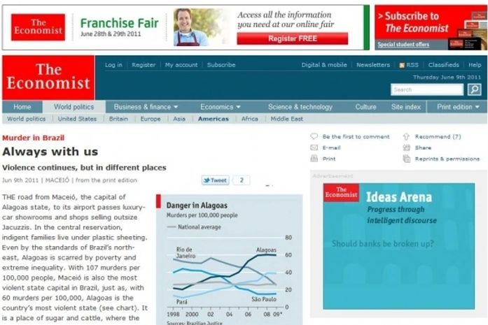 Revista inglesa diz que Alagoas é capital do crime com "sua polícia corrupta"