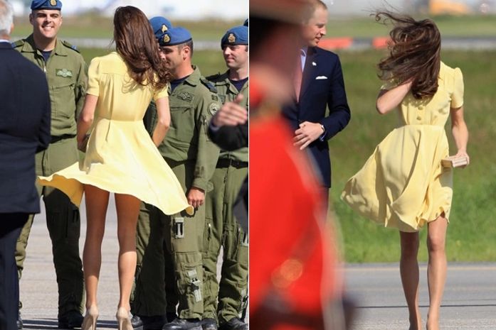Kate Middleton é supreendida por rajada de vento