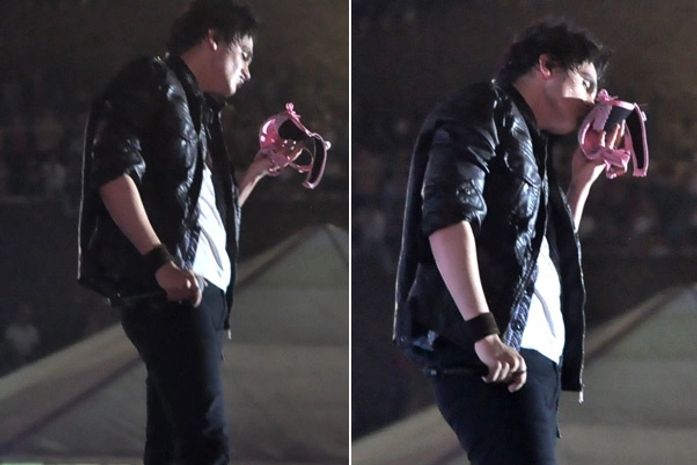 Luan Santana cheira sutiã de fã em show