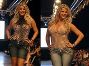 Mais gordinha, Karina Bacchi desfila de oncinha e renda em Goiânia