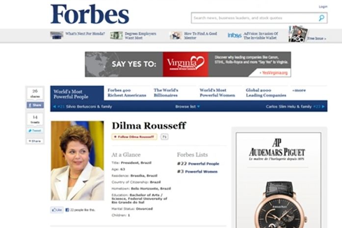 Dilma é 22ª em lista dos mais poderosos do mundo da 'Forbes'