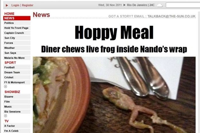 Ross Dance encontrou um sapo vivo em um sanduíche de frango.