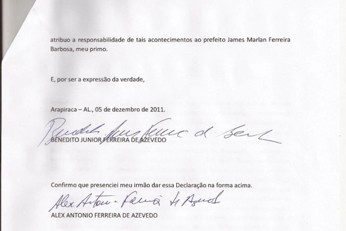 Carta escrita por Benedito Júnior