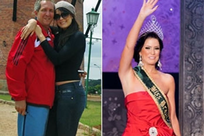 Débora Lyra e o pai e, na outra foto, no concurso
deste ano, quando passou a faixa