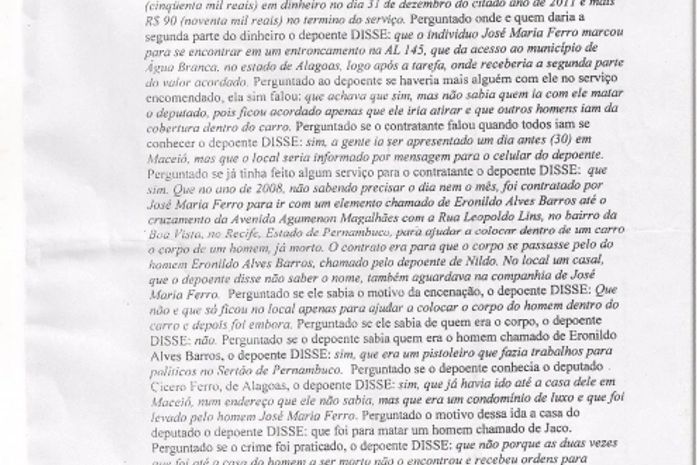 Documento com o suposto depoimento