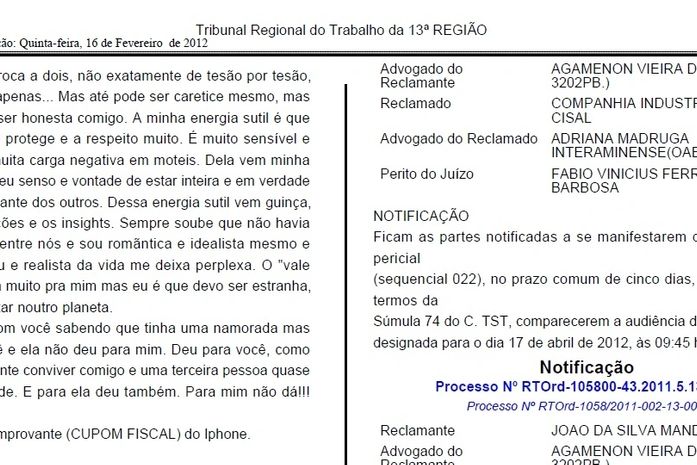 Carta foi publicada no diário eletrônico do TRT da 13ª Região