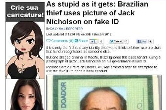 Mídia internacional repercute RG falso com foto de Jack Nicholson