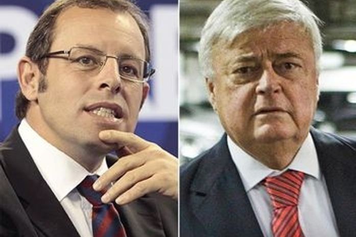 O presidente do Barcelona, Sandro Rosell (esq.), e o presidente da CBF, Ricardo Teixeira