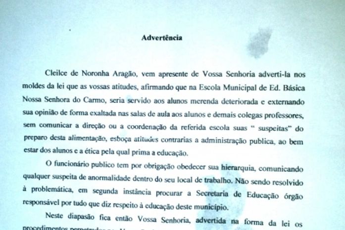Professora denuncia merenda estragada e é advertida por prefeito