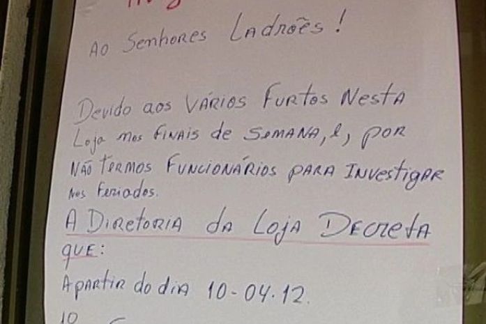 SP: após roubo, dono de joalheria deixa bilhete com 'regras' para ladrão