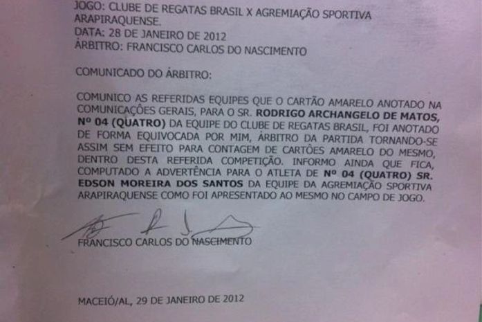 Documento assinado pelo árbitro Francisco Carlos Nascimento.