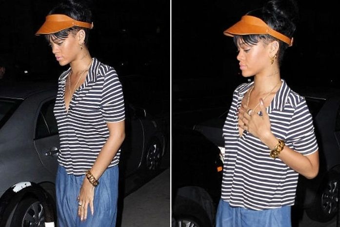 Rihanna escolhe look boyish e viseira para jantar com amigos