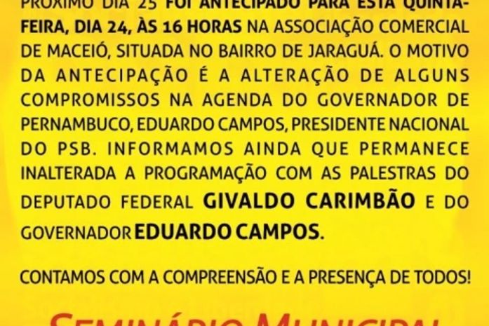 Seminário do PSB acontece amanhã em Maceió
