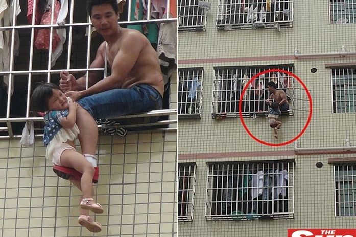 Chinês descontrolado balança filha de três anos pelo lado de fora da janela