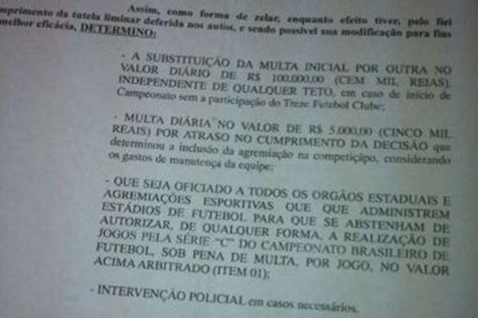Justiça autoriza 'intervenção policial' para impedir a Série C sem o Treze