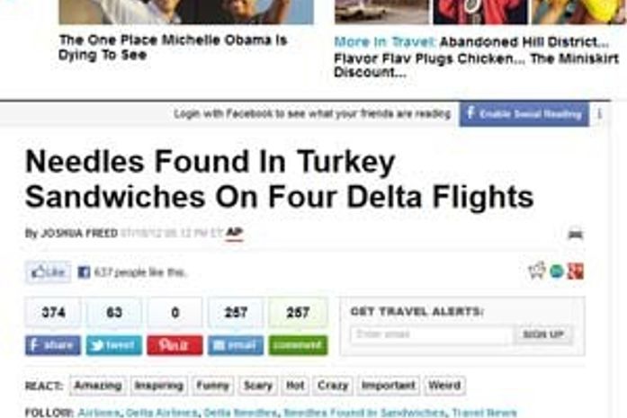 Agulhas foram encontradas em sanduíches de
quatro voos que partira de Amsterdã com destino
aos EUA